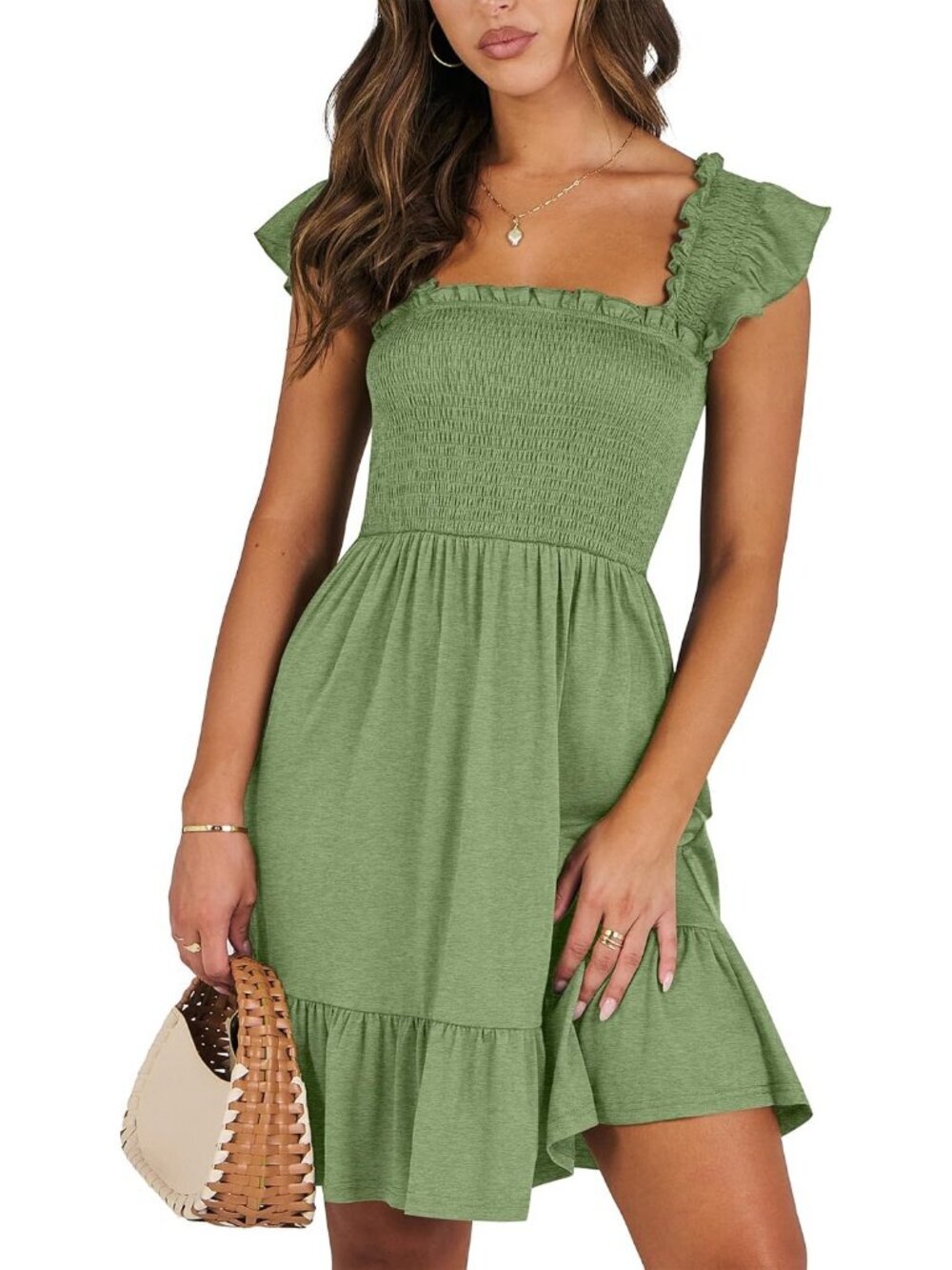 Women's Summer Sleeveless Square Neck Dress Light Green Smocked Ruffle Backless